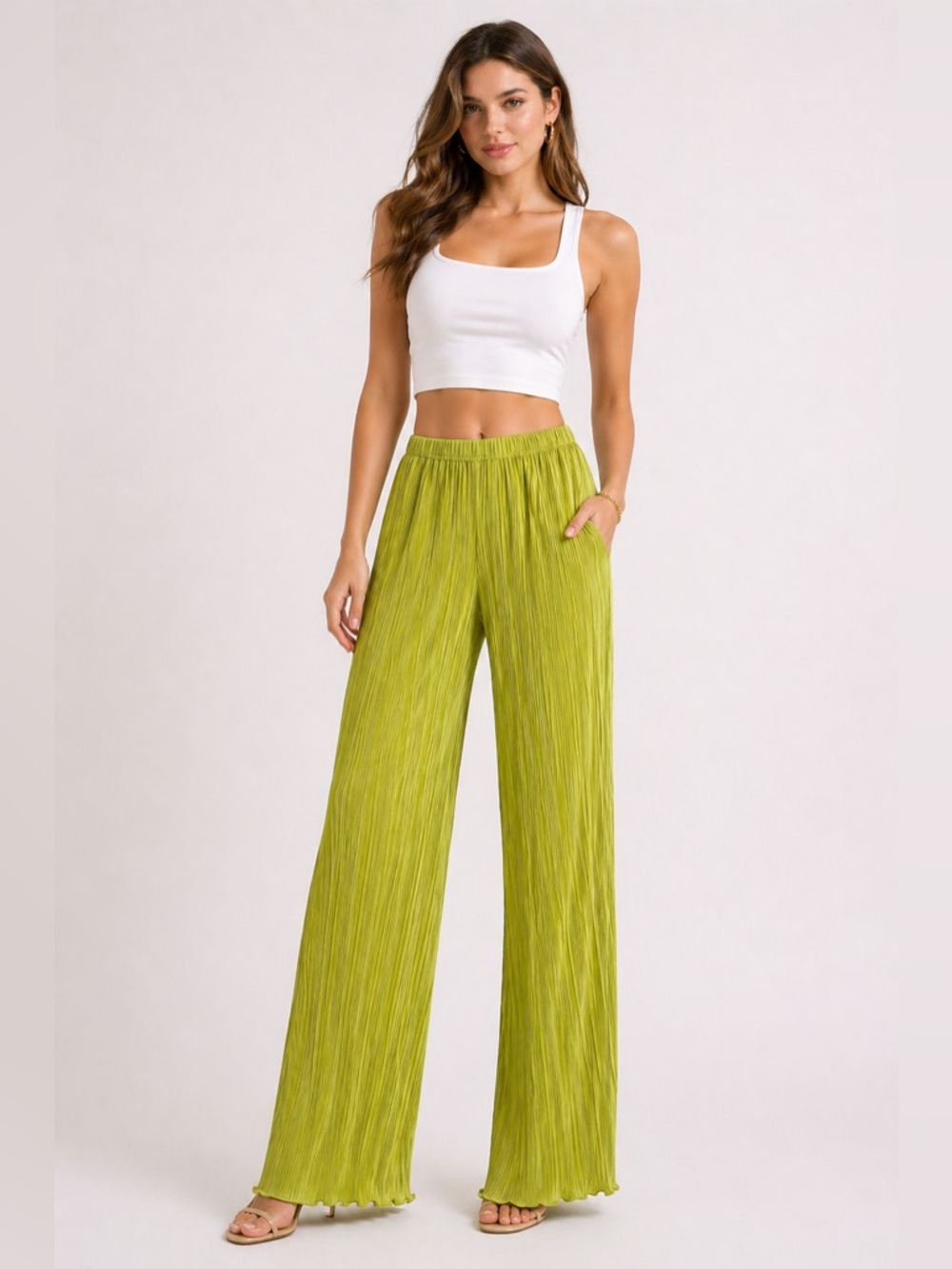 Good American Pleated Wide-Leg Pants - lime green